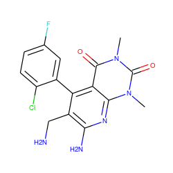 Cn1c(=O)c2c(-c3cc(F)ccc3Cl)c(CN)c(N)nc2n(C)c1=O ZINC000095577898