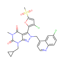 Cn1c(=O)c2c(-c3oc(S(C)(=O)=O)cc3Cl)n(Cc3ccnc4ccc(Cl)cc34)nc2n(CC2CC2)c1=O ZINC000044416759