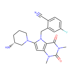 Cn1c(=O)c2c(cc(N3CCC[C@@H](N)C3)n2Cc2cc(F)ccc2C#N)n(C)c1=O ZINC000072104706