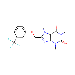 Cn1c(=O)c2c(nc(COc3cccc(C(F)(F)F)c3)n2C)n(C)c1=O ZINC000084689679