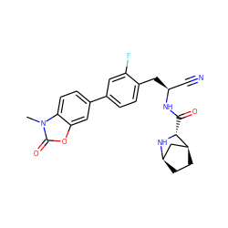 Cn1c(=O)oc2cc(-c3ccc(C[C@@H](C#N)NC(=O)[C@H]4N[C@@H]5CC[C@H]4C5)c(F)c3)ccc21 ZINC000219297068