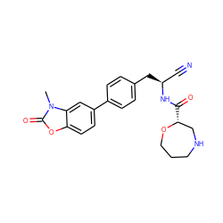 Cn1c(=O)oc2ccc(-c3ccc(C[C@@H](C#N)NC(=O)[C@@H]4CNCCCO4)cc3)cc21 ZINC000644165902