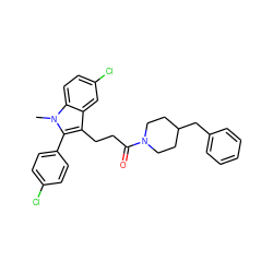 Cn1c(-c2ccc(Cl)cc2)c(CCC(=O)N2CCC(Cc3ccccc3)CC2)c2cc(Cl)ccc21 ZINC000026824228