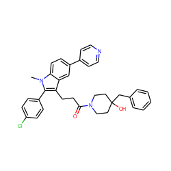 Cn1c(-c2ccc(Cl)cc2)c(CCC(=O)N2CCC(O)(Cc3ccccc3)CC2)c2cc(-c3ccncc3)ccc21 ZINC000028237754