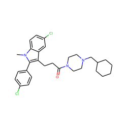 Cn1c(-c2ccc(Cl)cc2)c(CCC(=O)N2CCN(CC3CCCCC3)CC2)c2cc(Cl)ccc21 ZINC000026830172