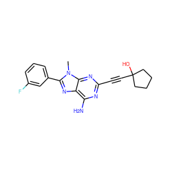 Cn1c(-c2cccc(F)c2)nc2c(N)nc(C#CC3(O)CCCC3)nc21 ZINC000000602916