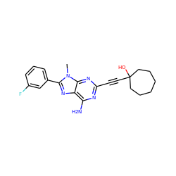 Cn1c(-c2cccc(F)c2)nc2c(N)nc(C#CC3(O)CCCCCC3)nc21 ZINC000013861459