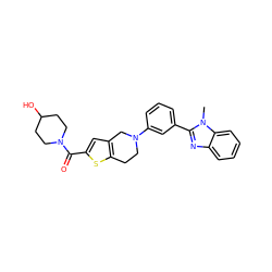 Cn1c(-c2cccc(N3CCc4sc(C(=O)N5CCC(O)CC5)cc4C3)c2)nc2ccccc21 ZINC000653899228