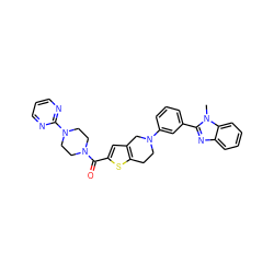 Cn1c(-c2cccc(N3CCc4sc(C(=O)N5CCN(c6ncccn6)CC5)cc4C3)c2)nc2ccccc21 ZINC000653915615