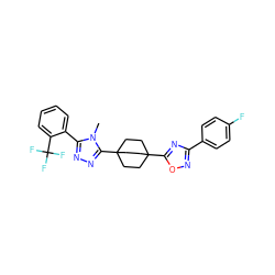 Cn1c(-c2ccccc2C(F)(F)F)nnc1C12CCC(c3nc(-c4ccc(F)cc4)no3)(CC1)CC2 ZINC000003960657