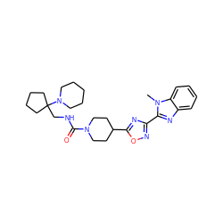 Cn1c(-c2noc(C3CCN(C(=O)NCC4(N5CCCCC5)CCCC4)CC3)n2)nc2ccccc21 ZINC000072178832