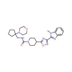 Cn1c(-c2noc(C3CCN(C(=O)NCC4(N5CCOCC5)CCCC4)CC3)n2)nc2ccccc21 ZINC000072179183