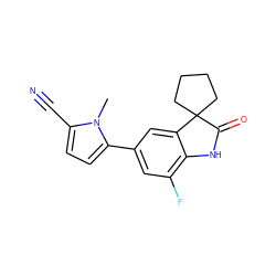 Cn1c(C#N)ccc1-c1cc(F)c2c(c1)C1(CCCC1)C(=O)N2 ZINC000029133438