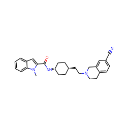 Cn1c(C(=O)N[C@H]2CC[C@H](CCN3CCc4ccc(C#N)cc4C3)CC2)cc2ccccc21 ZINC000473129036