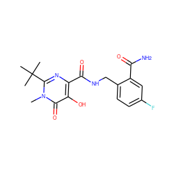 Cn1c(C(C)(C)C)nc(C(=O)NCc2ccc(F)cc2C(N)=O)c(O)c1=O ZINC000029047685