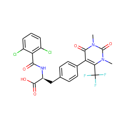 Cn1c(C(F)(F)F)c(-c2ccc(C[C@H](NC(=O)c3c(Cl)cccc3Cl)C(=O)O)cc2)c(=O)n(C)c1=O ZINC000095590438