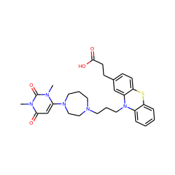 Cn1c(N2CCCN(CCCN3c4ccccc4Sc4ccc(CCC(=O)O)cc43)CC2)cc(=O)n(C)c1=O ZINC000043120787