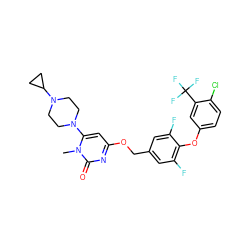 Cn1c(N2CCN(C3CC3)CC2)cc(OCc2cc(F)c(Oc3ccc(Cl)c(C(F)(F)F)c3)c(F)c2)nc1=O ZINC000653722479