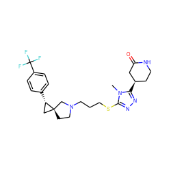 Cn1c(SCCCN2CC[C@]3(C[C@@H]3c3ccc(C(F)(F)F)cc3)C2)nnc1[C@@H]1CCNC(=O)C1 ZINC001772649557