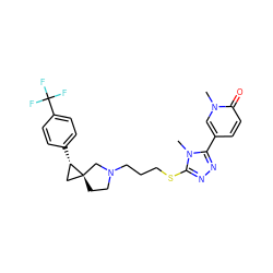 Cn1c(SCCCN2CC[C@]3(C[C@@H]3c3ccc(C(F)(F)F)cc3)C2)nnc1-c1ccc(=O)n(C)c1 ZINC001772620305