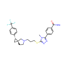 Cn1c(SCCCN2CC[C@]3(C[C@@H]3c3ccc(C(F)(F)F)cc3)C2)nnc1-c1ccc(C(N)=O)cc1 ZINC001772599042