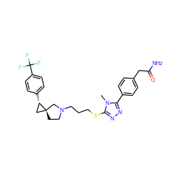 Cn1c(SCCCN2CC[C@]3(C[C@@H]3c3ccc(C(F)(F)F)cc3)C2)nnc1-c1ccc(CC(N)=O)cc1 ZINC001772571326