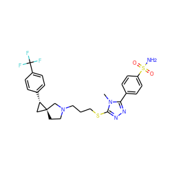 Cn1c(SCCCN2CC[C@]3(C[C@@H]3c3ccc(C(F)(F)F)cc3)C2)nnc1-c1ccc(S(N)(=O)=O)cc1 ZINC001772636597