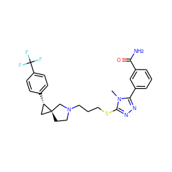 Cn1c(SCCCN2CC[C@]3(C[C@@H]3c3ccc(C(F)(F)F)cc3)C2)nnc1-c1cccc(C(N)=O)c1 ZINC001772652861