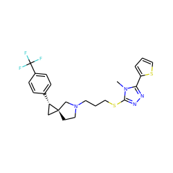 Cn1c(SCCCN2CC[C@]3(C[C@@H]3c3ccc(C(F)(F)F)cc3)C2)nnc1-c1cccs1 ZINC001772579974