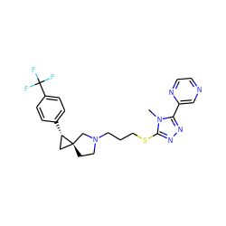 Cn1c(SCCCN2CC[C@]3(C[C@@H]3c3ccc(C(F)(F)F)cc3)C2)nnc1-c1cnccn1 ZINC001772629752