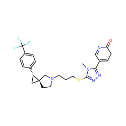 Cn1c(SCCCN2CC[C@]3(C[C@@H]3c3ccc(C(F)(F)F)cc3)C2)nnc1C1=CCC(=O)N=C1 ZINC001772606332