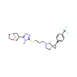 Cn1c(SCCCN2CC[C@]3(C[C@@H]3c3ccc(C(F)(F)F)cc3)C2)nnc1C1C[C@@H]2CC[C@H](C1)O2 ZINC001772649625