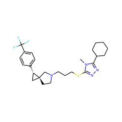 Cn1c(SCCCN2CC[C@]3(C[C@@H]3c3ccc(C(F)(F)F)cc3)C2)nnc1C1CCCCC1 ZINC001772655753