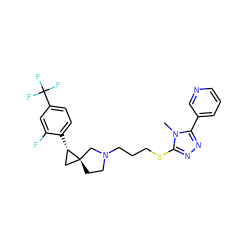 Cn1c(SCCCN2CC[C@]3(C[C@@H]3c3ccc(C(F)(F)F)cc3F)C2)nnc1-c1cccnc1 ZINC001772599220