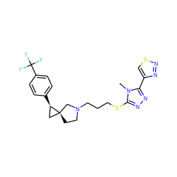 Cn1c(SCCCN2CC[C@]3(C[C@H]3c3ccc(C(F)(F)F)cc3)C2)nnc1-c1csnn1 ZINC001772599532