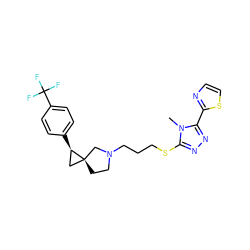 Cn1c(SCCCN2CC[C@]3(C[C@H]3c3ccc(C(F)(F)F)cc3)C2)nnc1-c1nccs1 ZINC001772585353