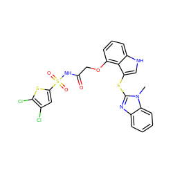 Cn1c(Sc2c[nH]c3cccc(OCC(=O)NS(=O)(=O)c4cc(Cl)c(Cl)s4)c23)nc2ccccc21 ZINC000044404335