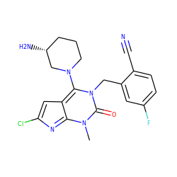 Cn1c2nc(Cl)cc-2c(N2CCC[C@@H](N)C2)n(Cc2cc(F)ccc2C#N)c1=O ZINC000143668582