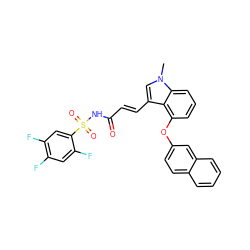 Cn1cc(/C=C/C(=O)NS(=O)(=O)c2cc(F)c(F)cc2F)c2c(Oc3ccc4ccccc4c3)cccc21 ZINC000044386299