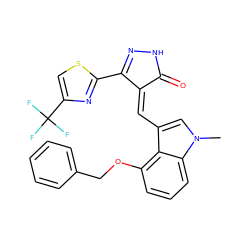 Cn1cc(/C=C2\C(=O)NN=C2c2nc(C(F)(F)F)cs2)c2c(OCc3ccccc3)cccc21 ZINC000073163711