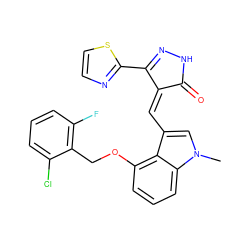 Cn1cc(/C=C2\C(=O)NN=C2c2nccs2)c2c(OCc3c(F)cccc3Cl)cccc21 ZINC000073167024