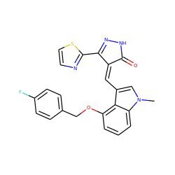 Cn1cc(/C=C2\C(=O)NN=C2c2nccs2)c2c(OCc3ccc(F)cc3)cccc21 ZINC000073156807