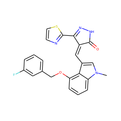 Cn1cc(/C=C2\C(=O)NN=C2c2nccs2)c2c(OCc3cccc(F)c3)cccc21 ZINC000073160978