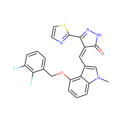 Cn1cc(/C=C2\C(=O)NN=C2c2nccs2)c2c(OCc3cccc(F)c3F)cccc21 ZINC000073169147