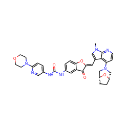 Cn1cc(/C=C2\Oc3ccc(NC(=O)Nc4ccc(N5CCOCC5)nc4)cc3C2=O)c2c(N3C[C@@H]4CC[C@H](C3)O4)ccnc21 ZINC000049793438