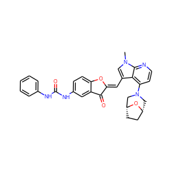 Cn1cc(/C=C2\Oc3ccc(NC(=O)Nc4ccccc4)cc3C2=O)c2c(N3C[C@@H]4CC[C@H](C3)O4)ccnc21 ZINC000049072135