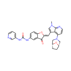 Cn1cc(/C=C2\Oc3ccc(NC(=O)Nc4cccnc4)cc3C2=O)c2c(N3C[C@@H]4CC[C@H](C3)O4)ccnc21 ZINC000049071843