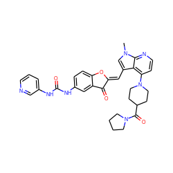 Cn1cc(/C=C2\Oc3ccc(NC(=O)Nc4cccnc4)cc3C2=O)c2c(N3CCC(C(=O)N4CCCC4)CC3)ccnc21 ZINC000049781139