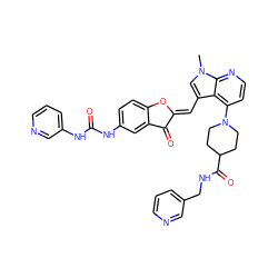 Cn1cc(/C=C2\Oc3ccc(NC(=O)Nc4cccnc4)cc3C2=O)c2c(N3CCC(C(=O)NCc4cccnc4)CC3)ccnc21 ZINC000049793730