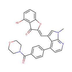 Cn1cc(/C=C2\Oc3cccc(O)c3C2=O)c2c(-c3ccc(C(=O)N4CCOCC4)cc3)ccnc21 ZINC000049112405